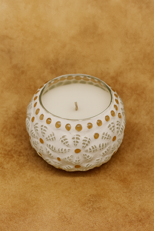 Unscented soy wax candle in hand-carved mosaic ceramic holder