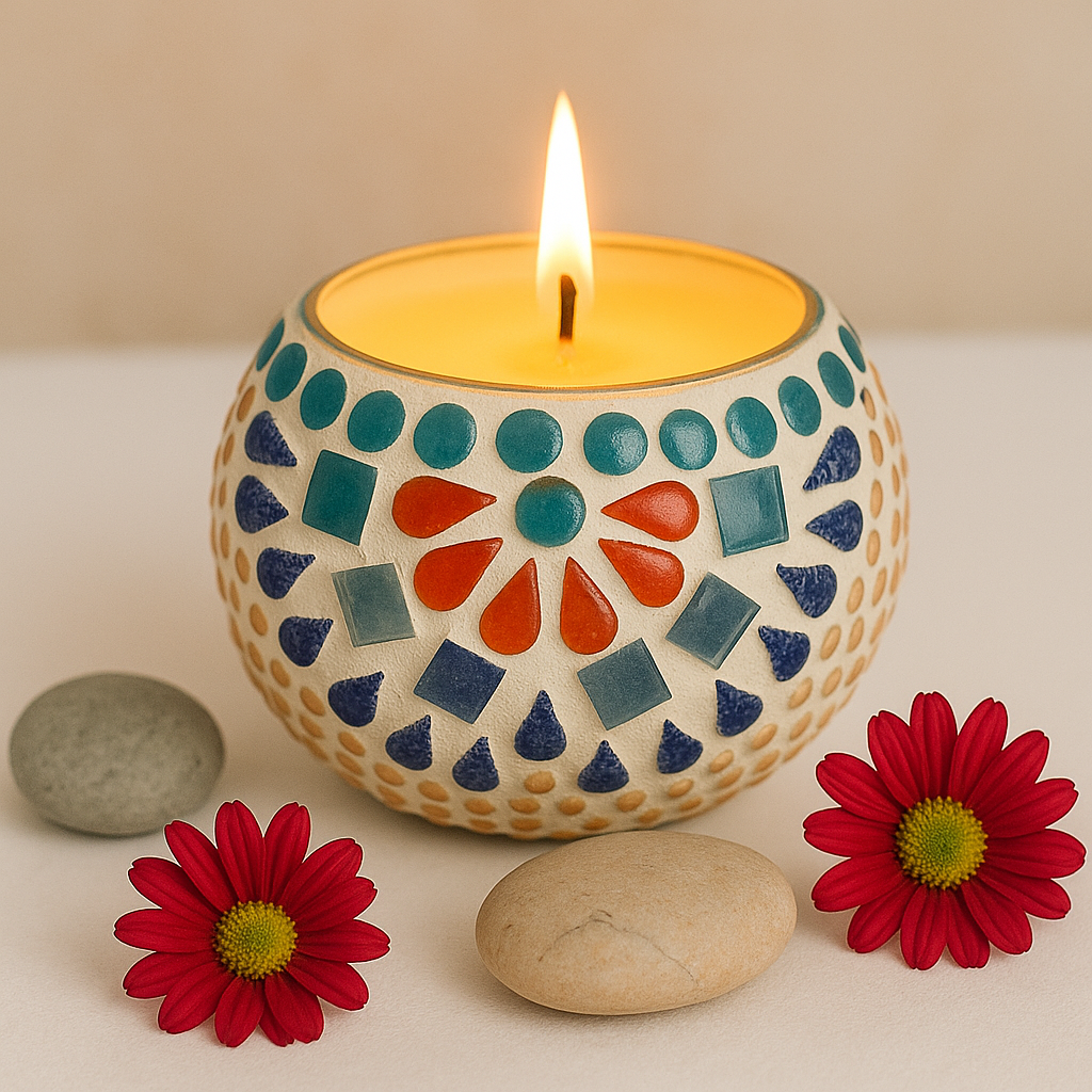 Handcrafted mosaic ceramic soy wax candle in assorted colours